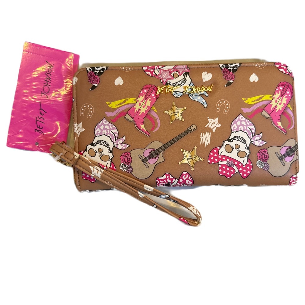 Betsey Johnson Brown Wristlet with Pink and Yellow Accents